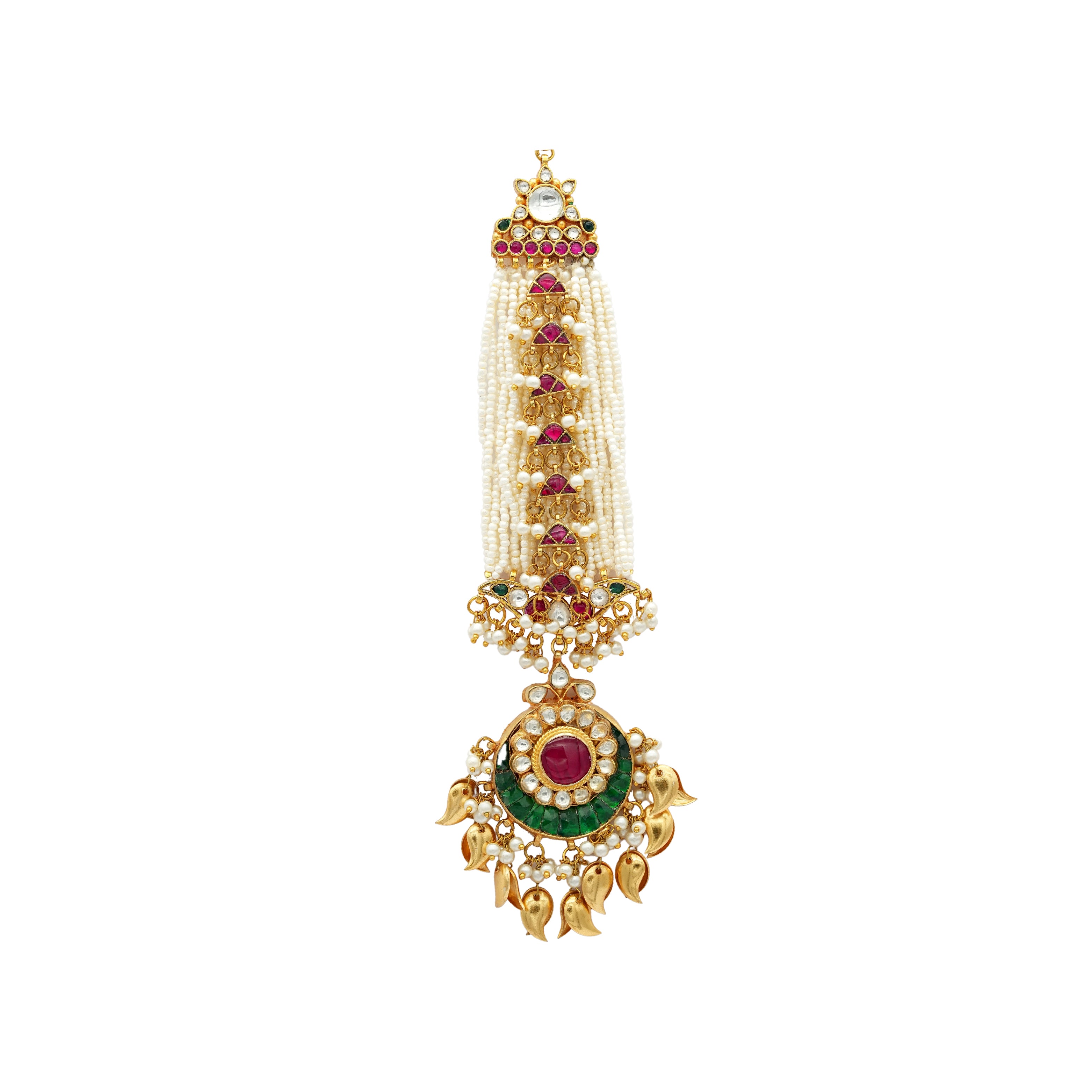 Pink tourmaline flower kundan jhumar with beads and golden peepal patti