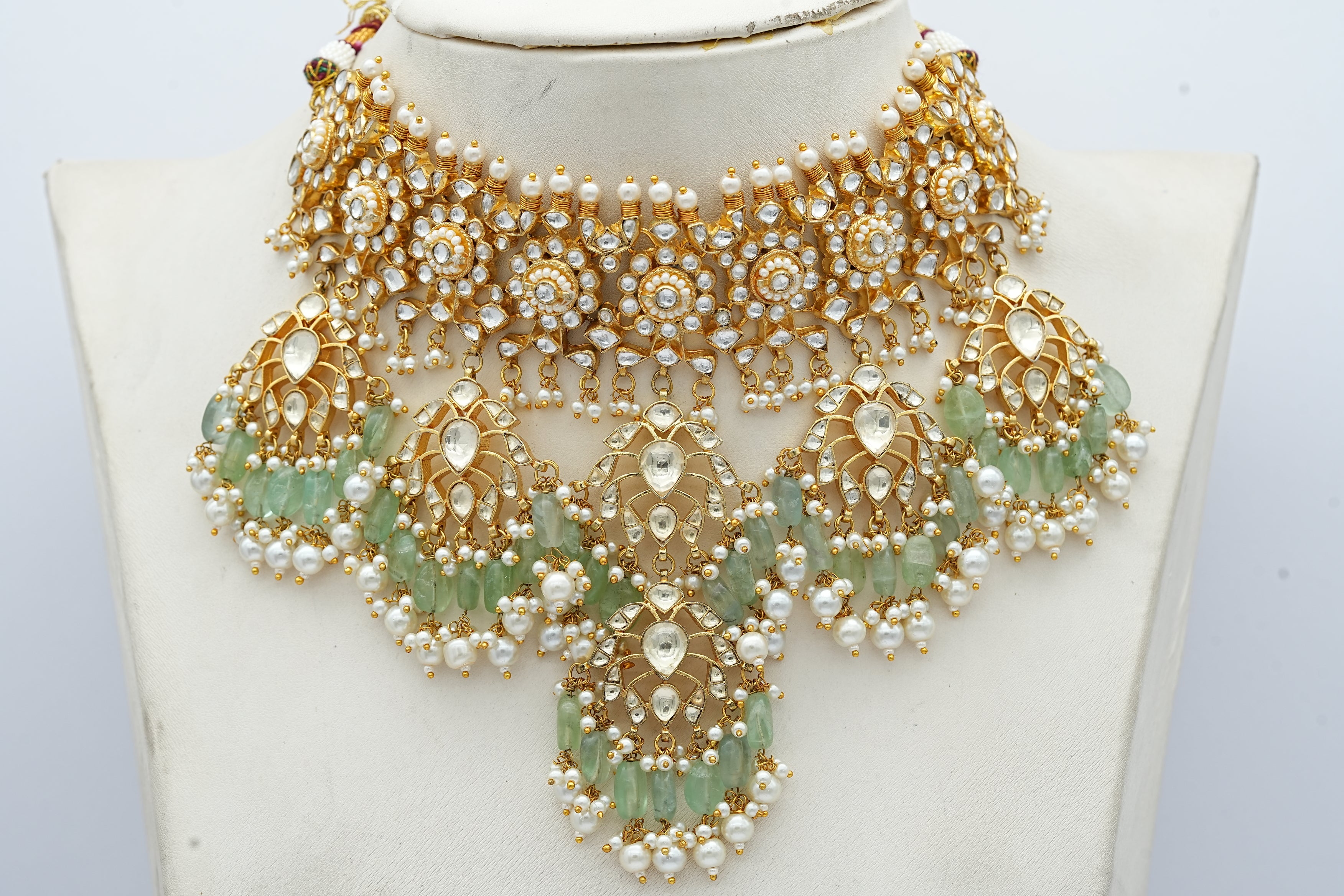 Kundan Set with bridal white pearls, emeralds and beads