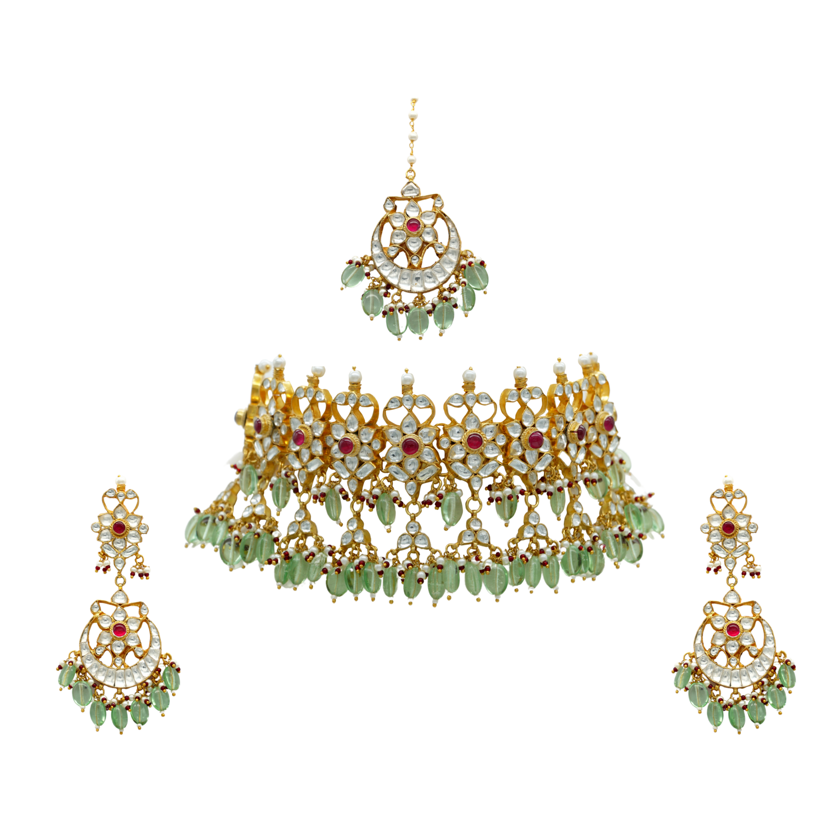 Kundan set with rubies, white beads and emeralds