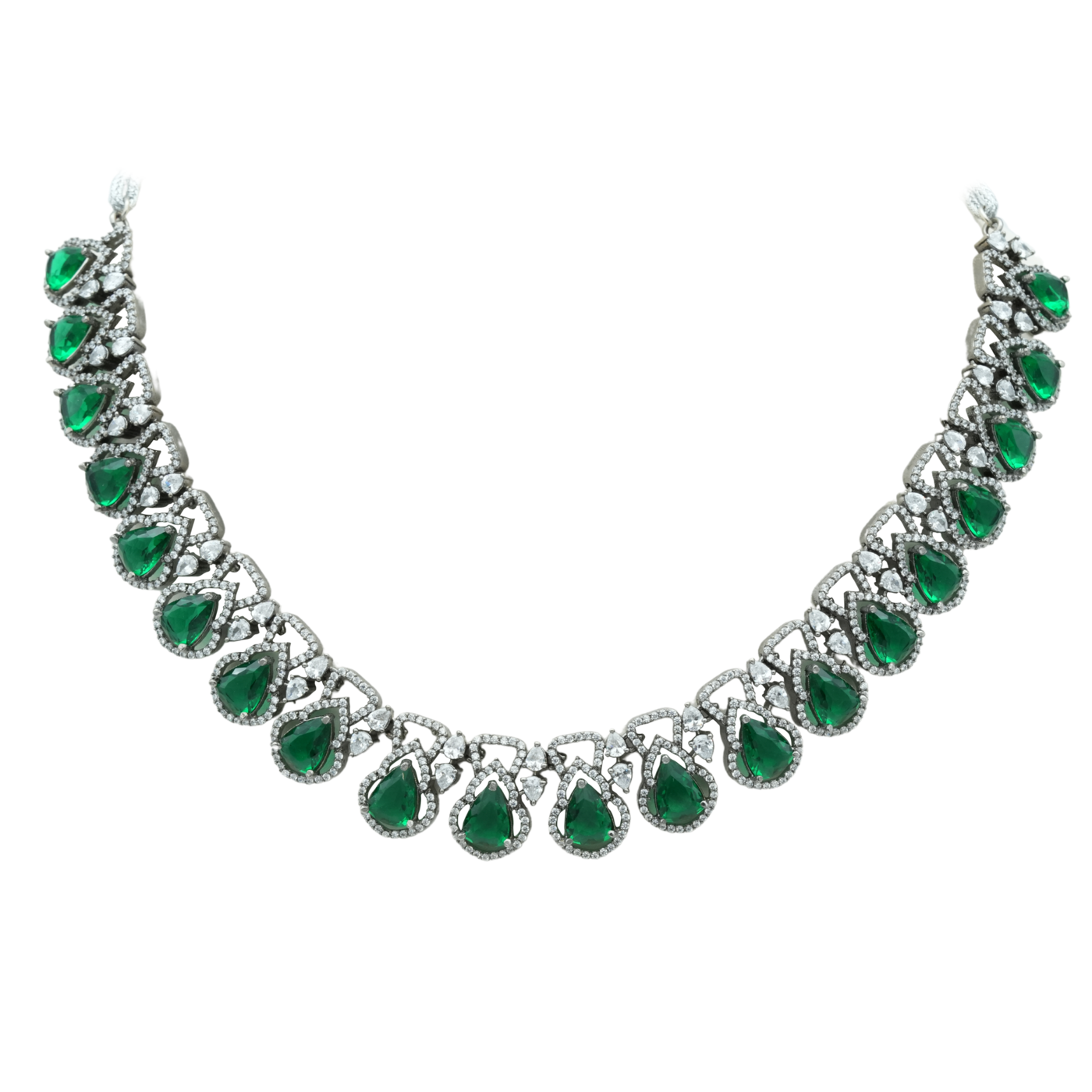 Regal set with moissanites and pear shaped emeralds
