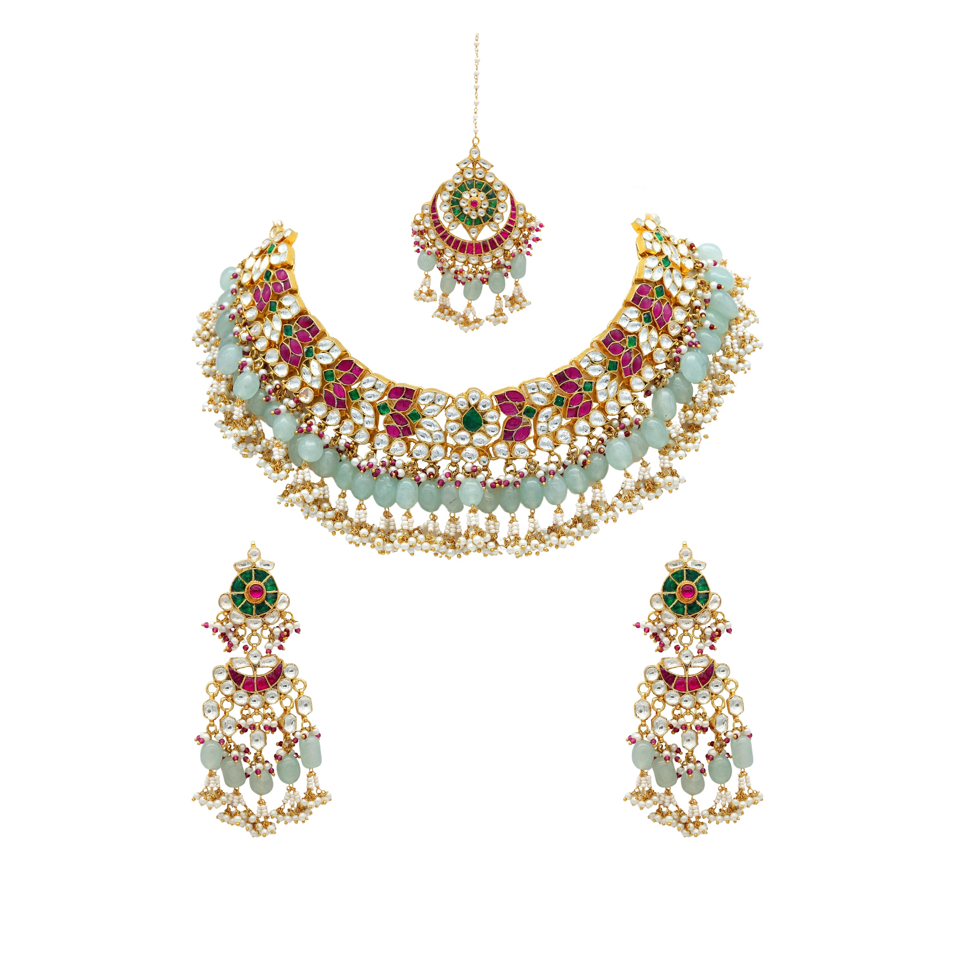 Kundan Set with tourmaline, emeralds and white beads