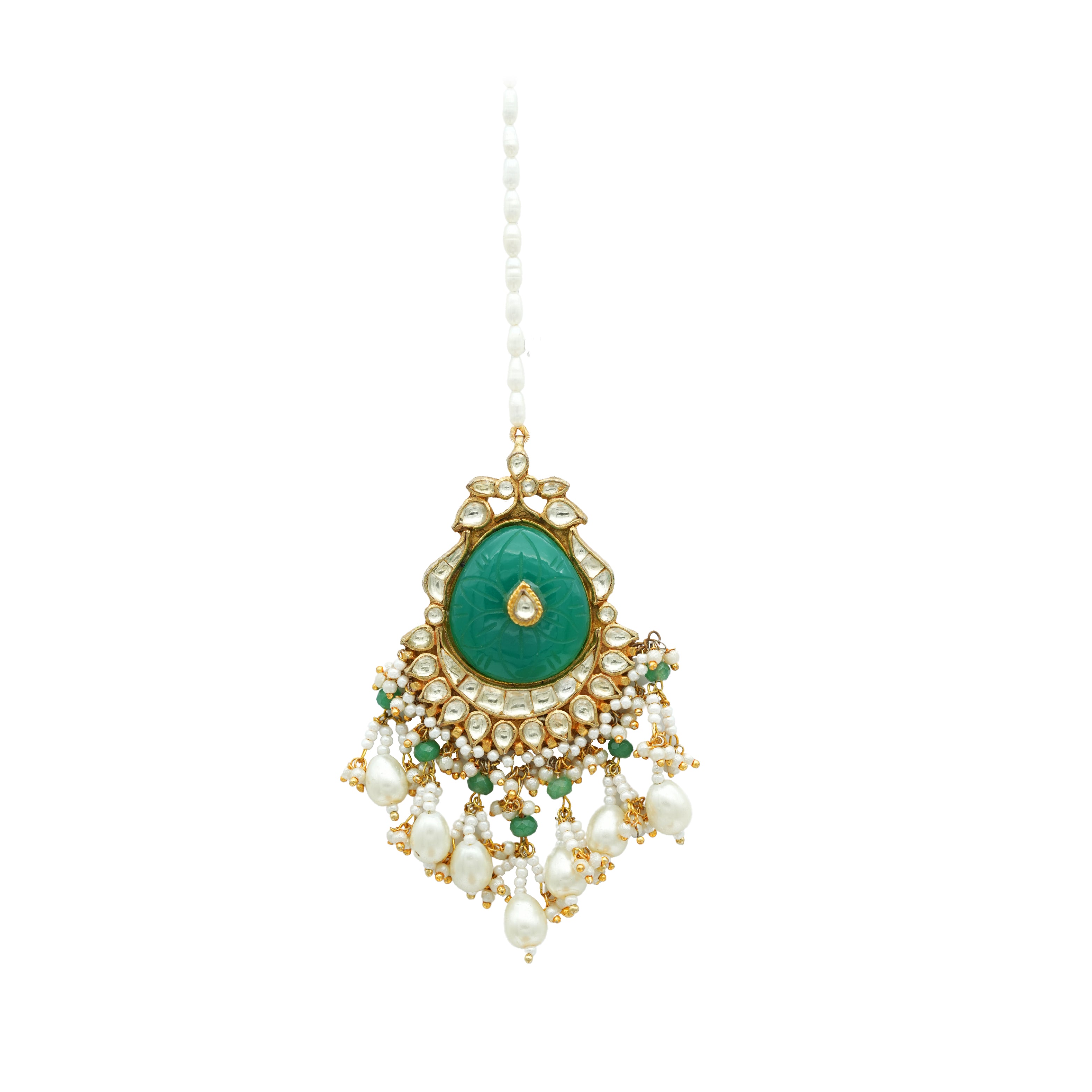 Glitering kundan tikka with ivory white and green beads