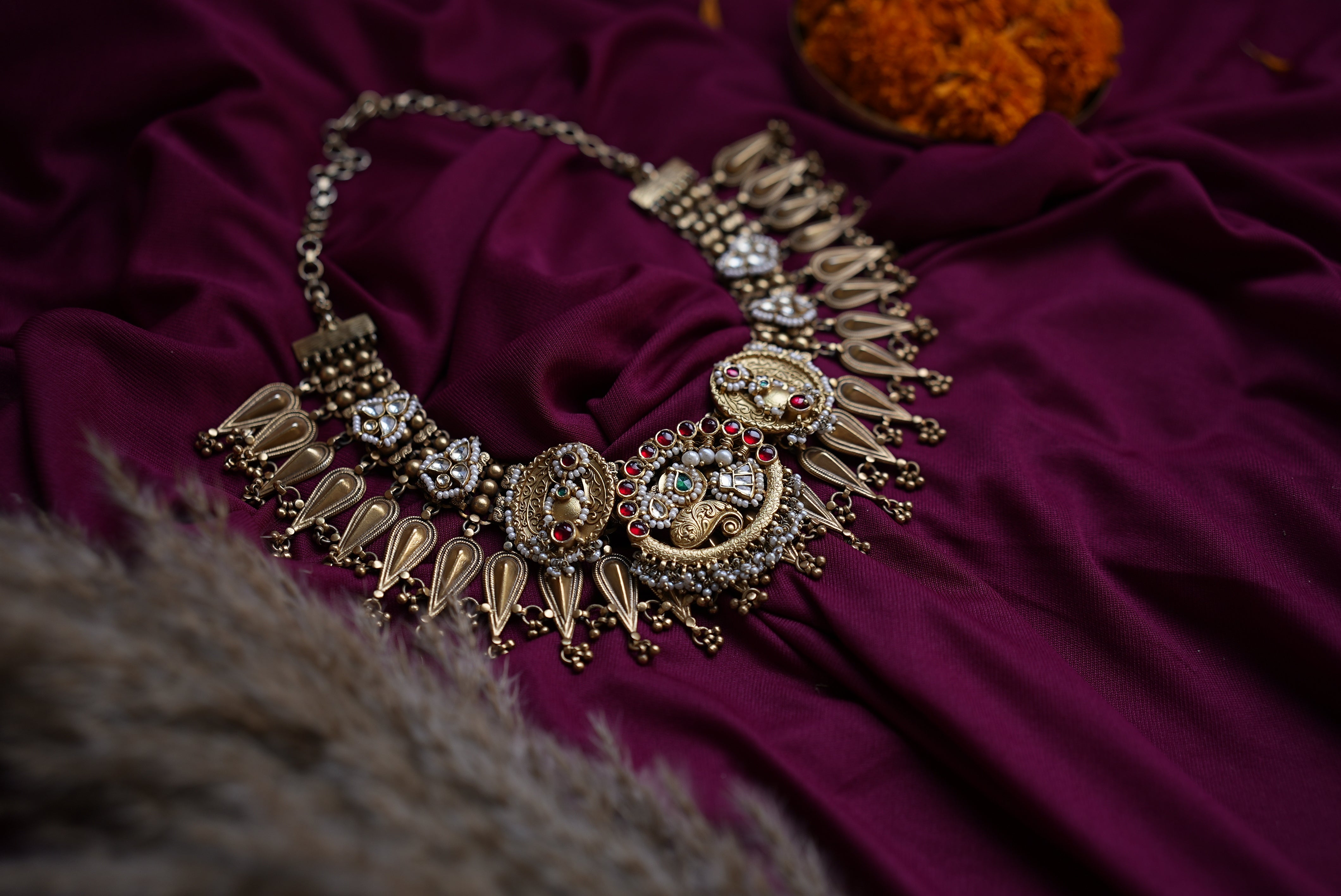 925 silver kundan tilak pattern necklace