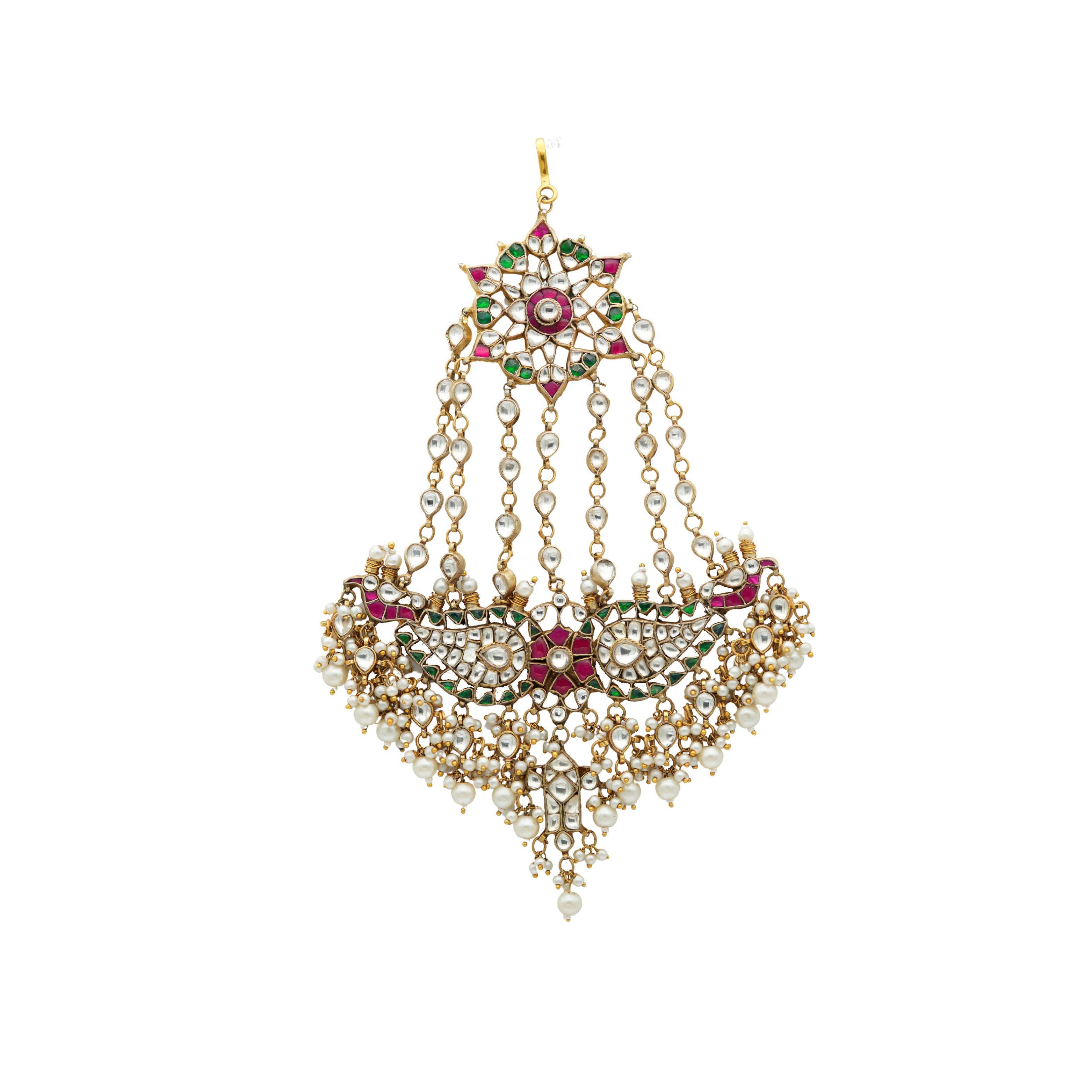 Ornamental kundan jhumar with pearls and tourmaline flowers