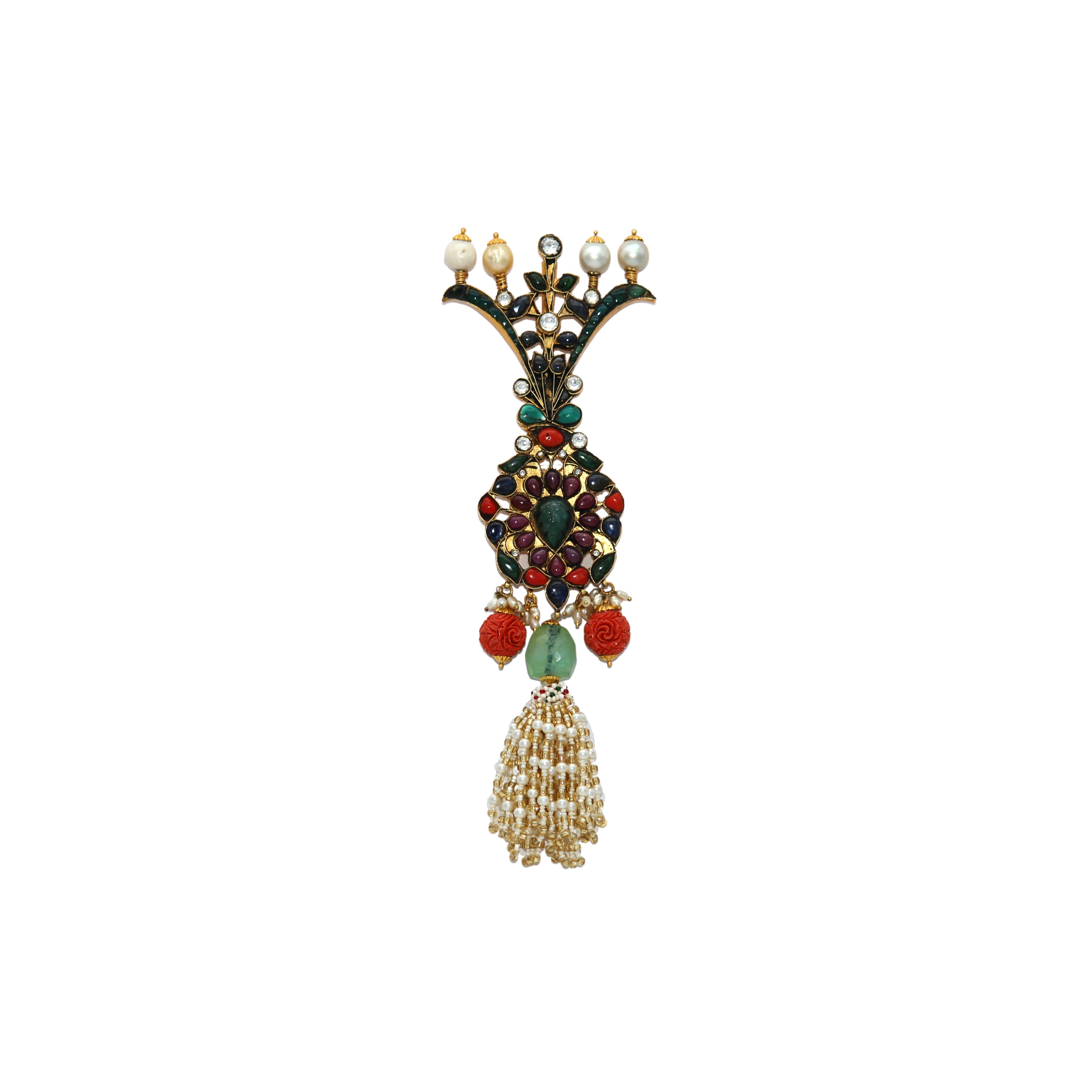 Gold plated silver bejeweled ornamental kalgi with corals, firoza, gems and emeralds