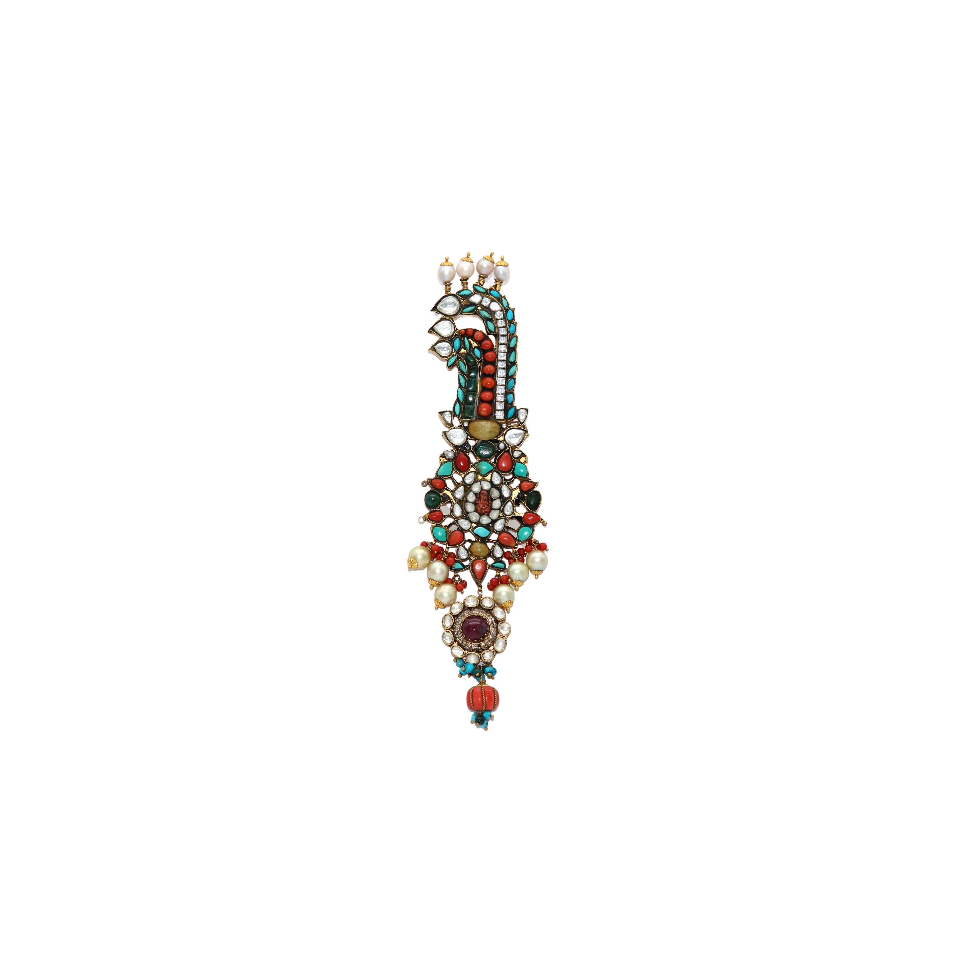 Gold plated silver Kundan kalgi with multiple different ornaments