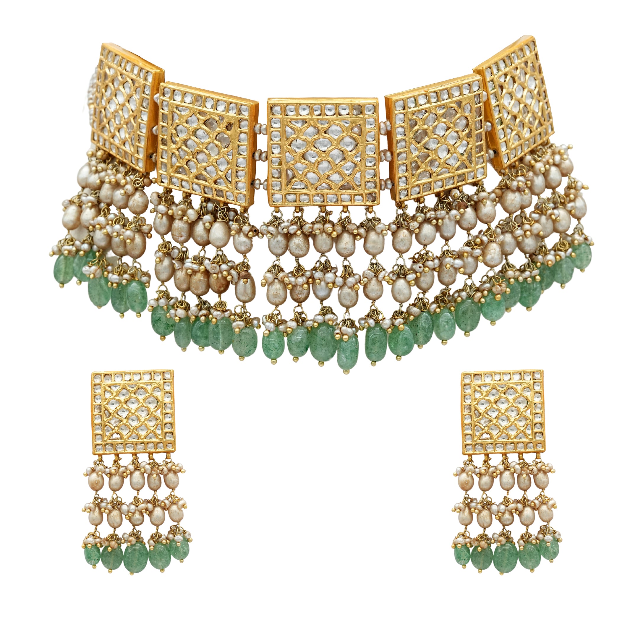 Gold Silver Plated Kundan Set with beads and ivory pearls