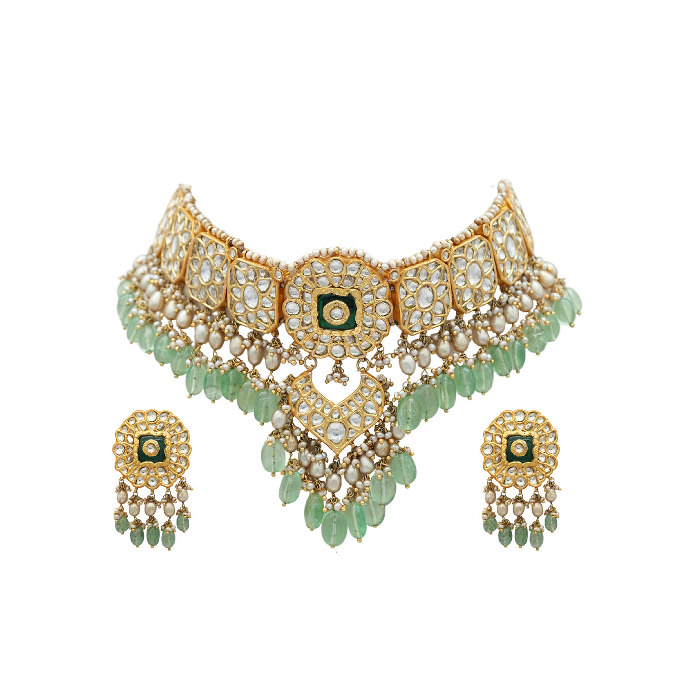 Gold Silver Plated Kundan Set with emeralds and ivory beads