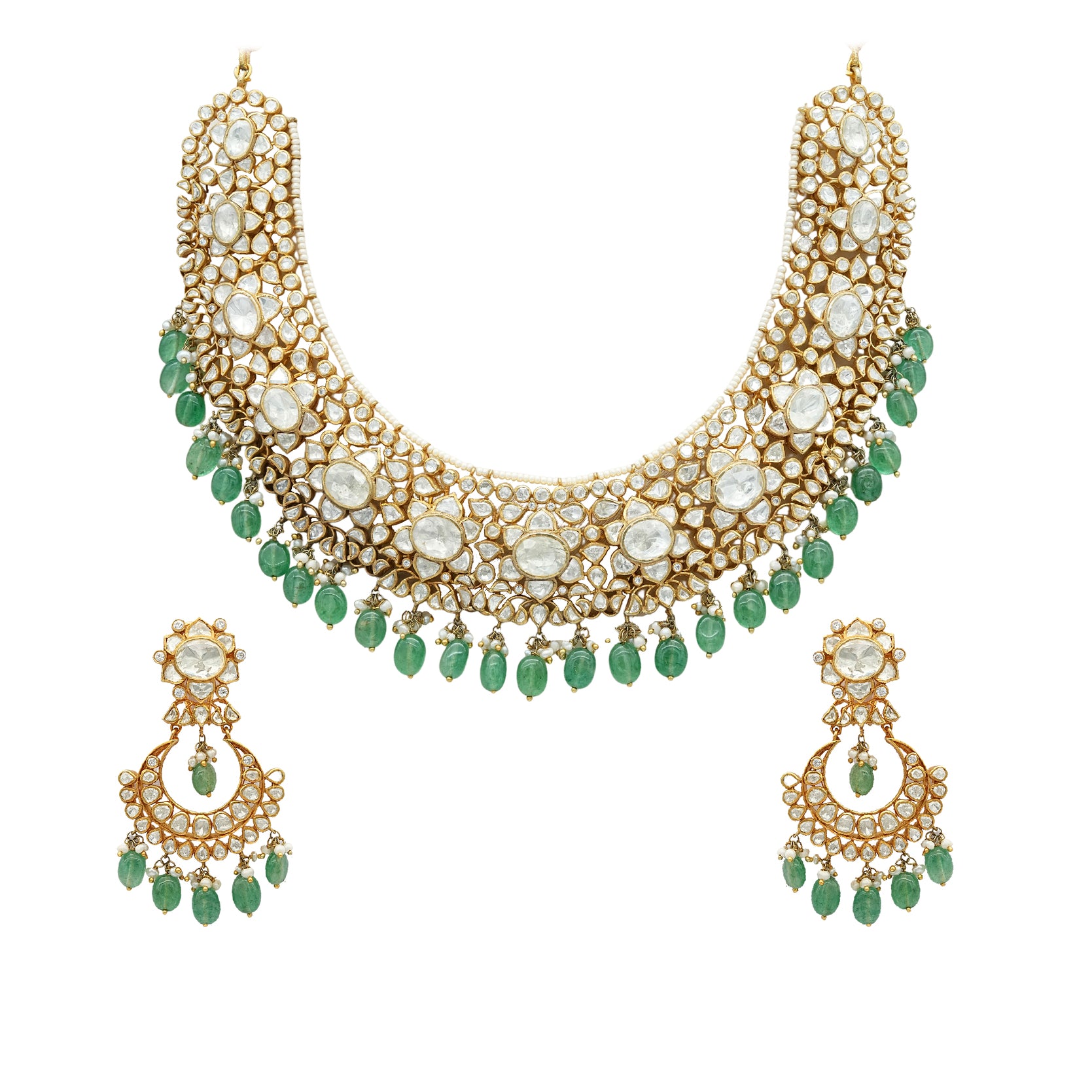 Kundan Set with ivory beads and green emeralds