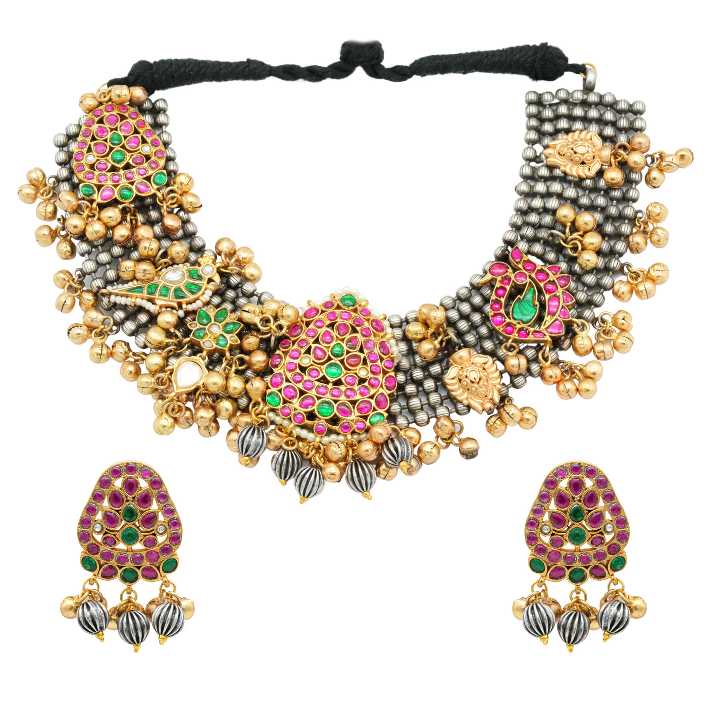 Gold Silver plated Set with rubies, emeralds, ghungroos and motifs