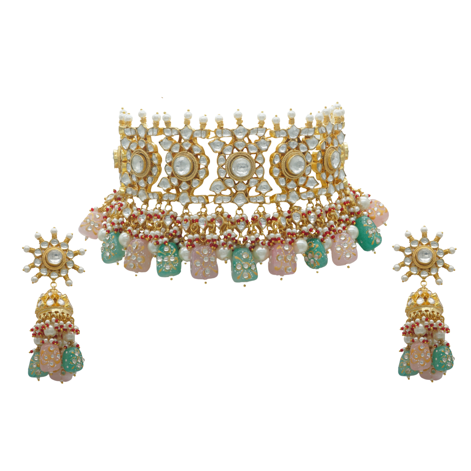 Gold Silver Plated Pastel Shaded Kundan Set with Beads, quartz stones, emeralds and pearls