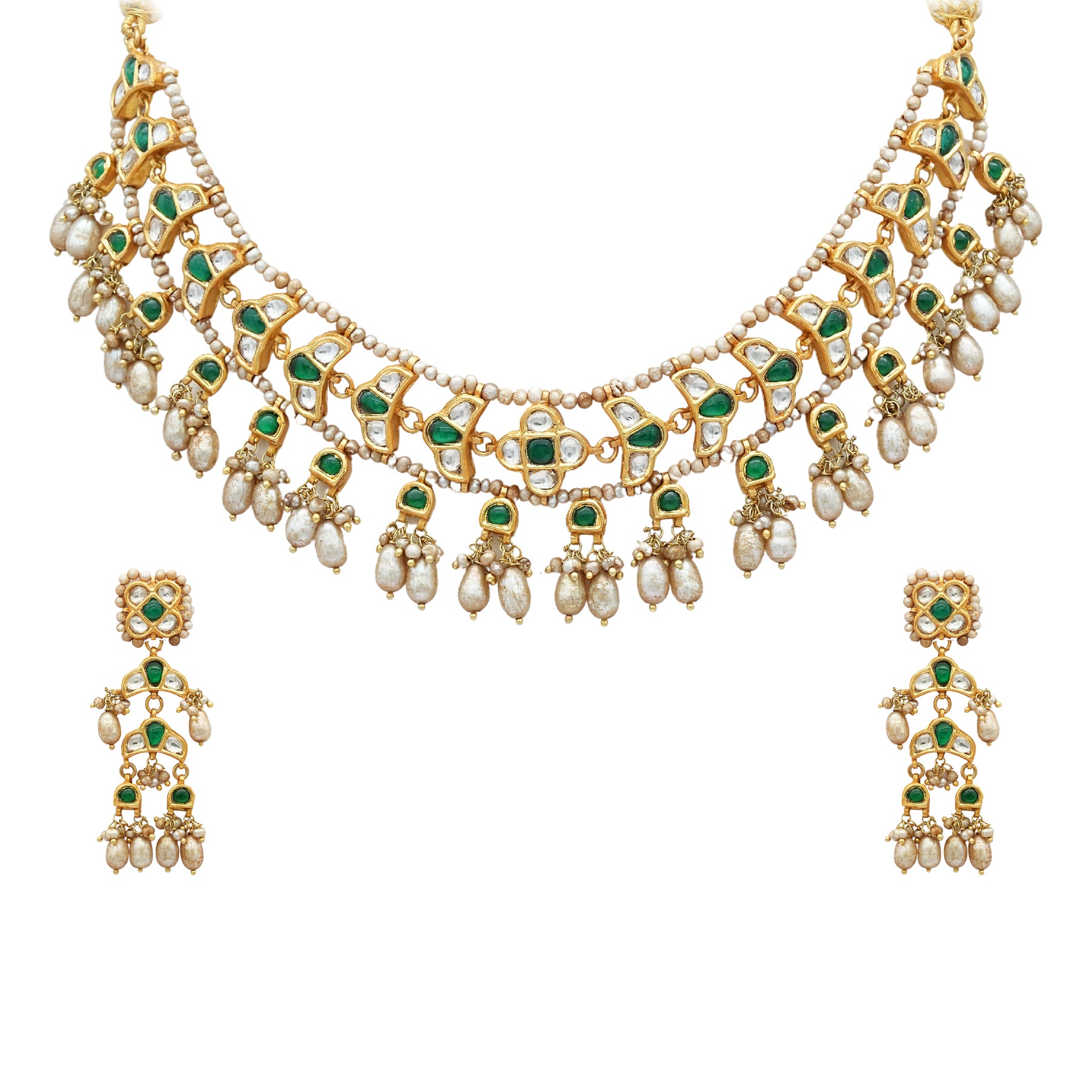 Gold Silver Plated Kundan set with beads, emeralds and pearls