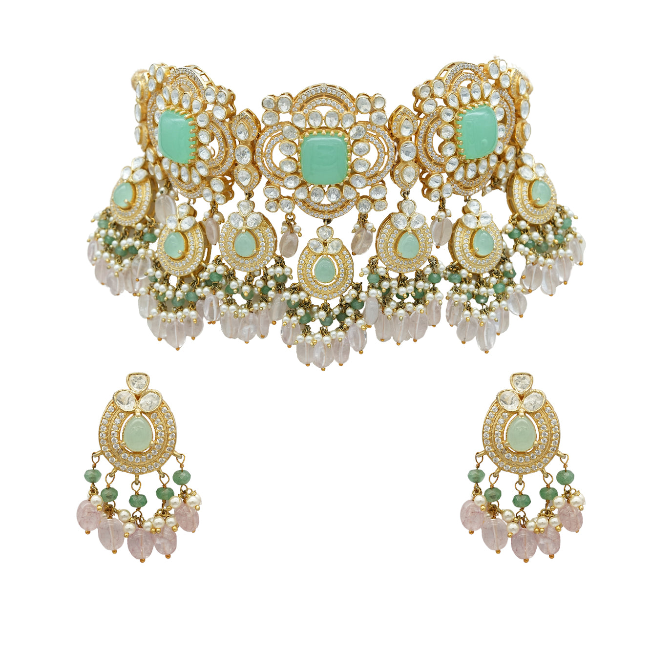 Gold Silver Plated Kundan Set with emeralds and gem beads