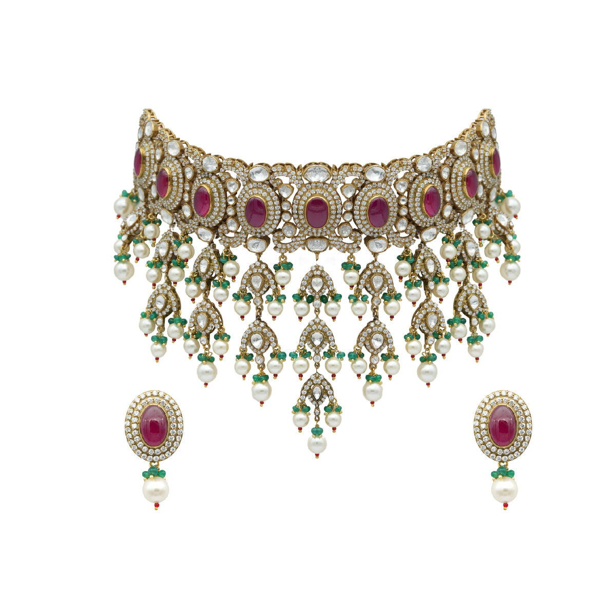 Gold Silver Plated Kundan Set with moissanites and rubies