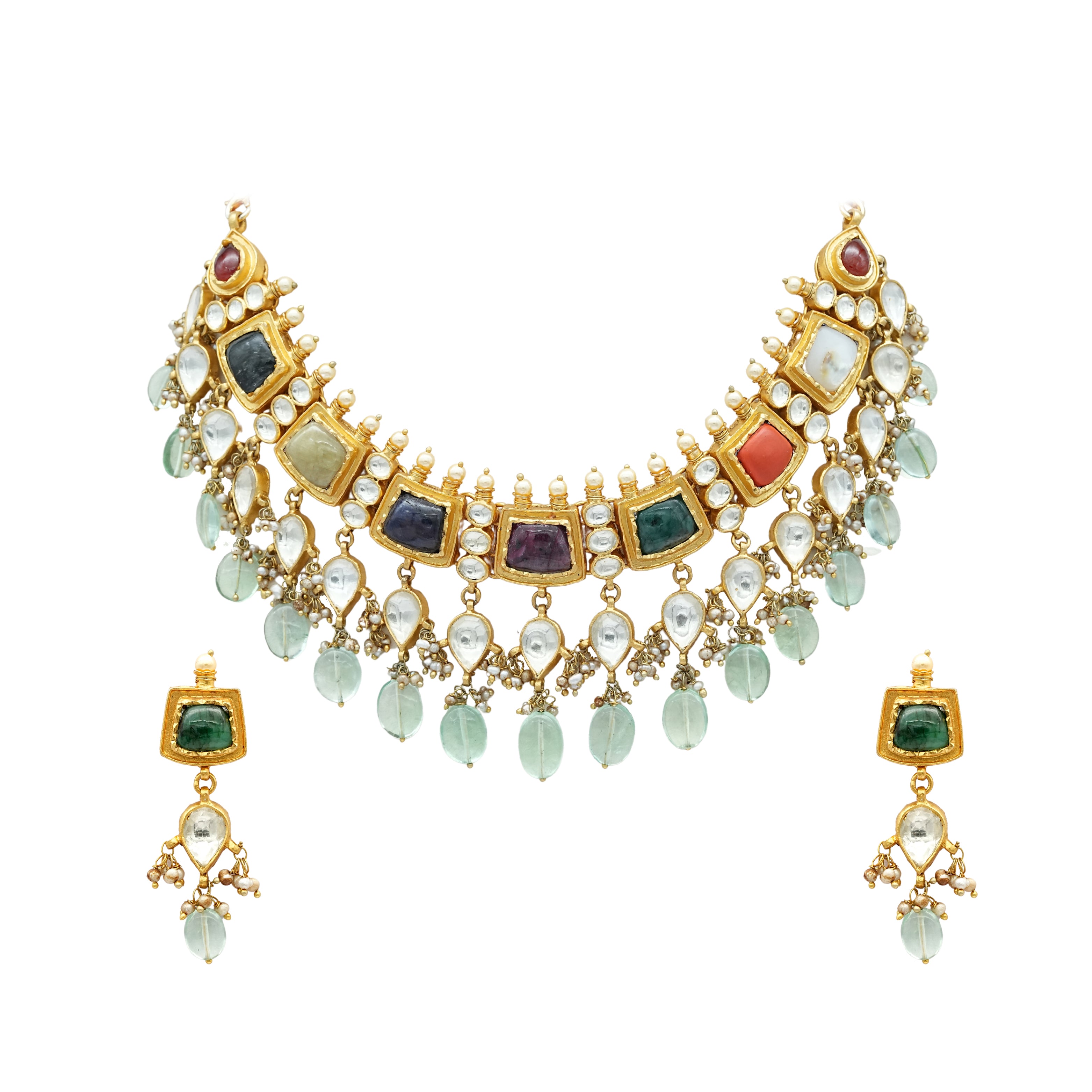 Gold silver plated Navratan Kundan set with opal, coral, emerald, jade and gems