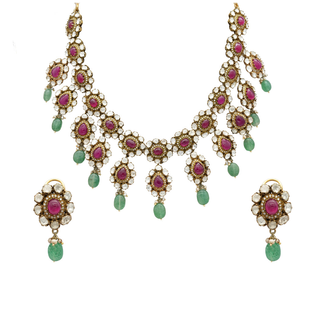 Gold Silver Plated Kundan Set with rubies and emeralds