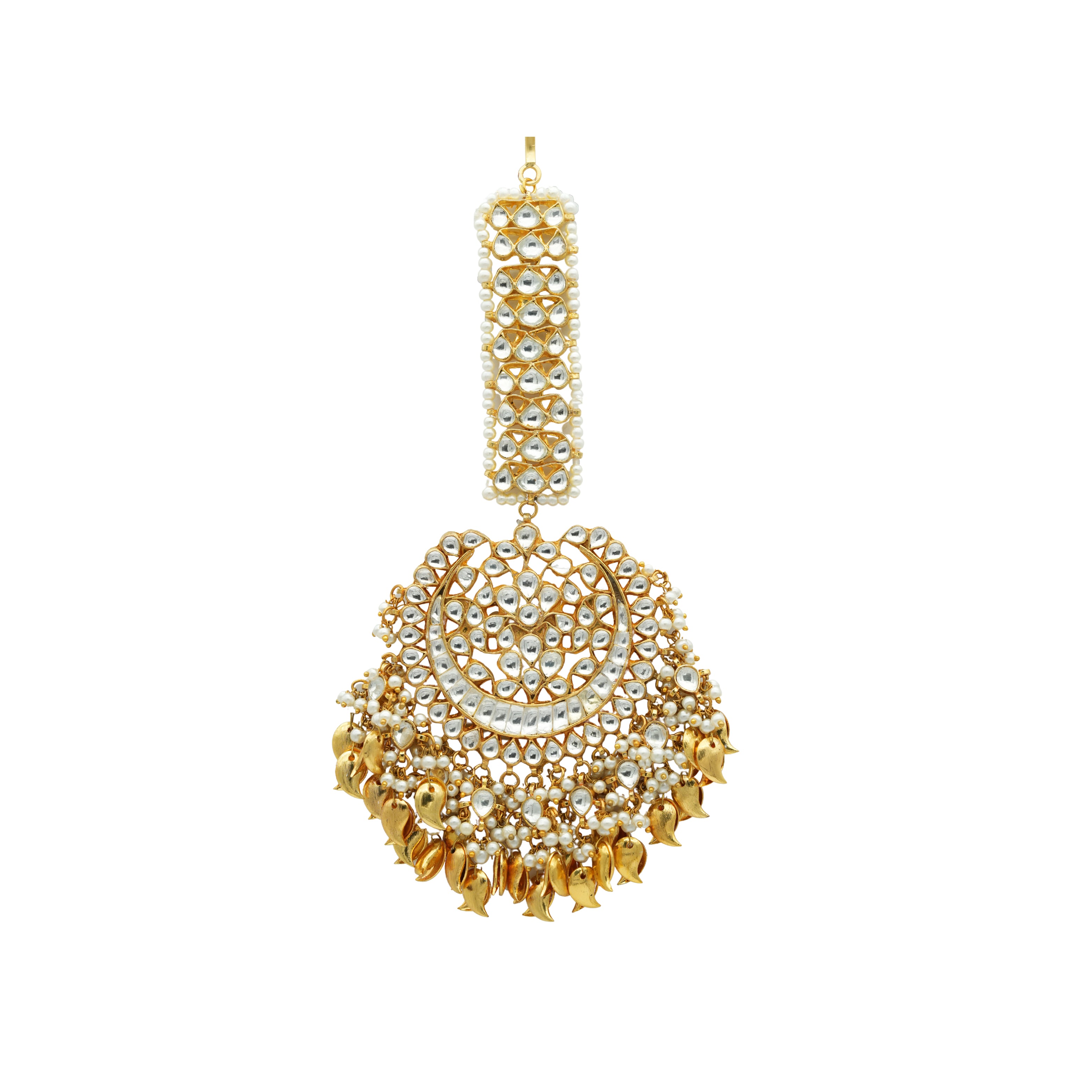 Gold plated silver crescent moon grand tikka with pearls and golden pipal patti