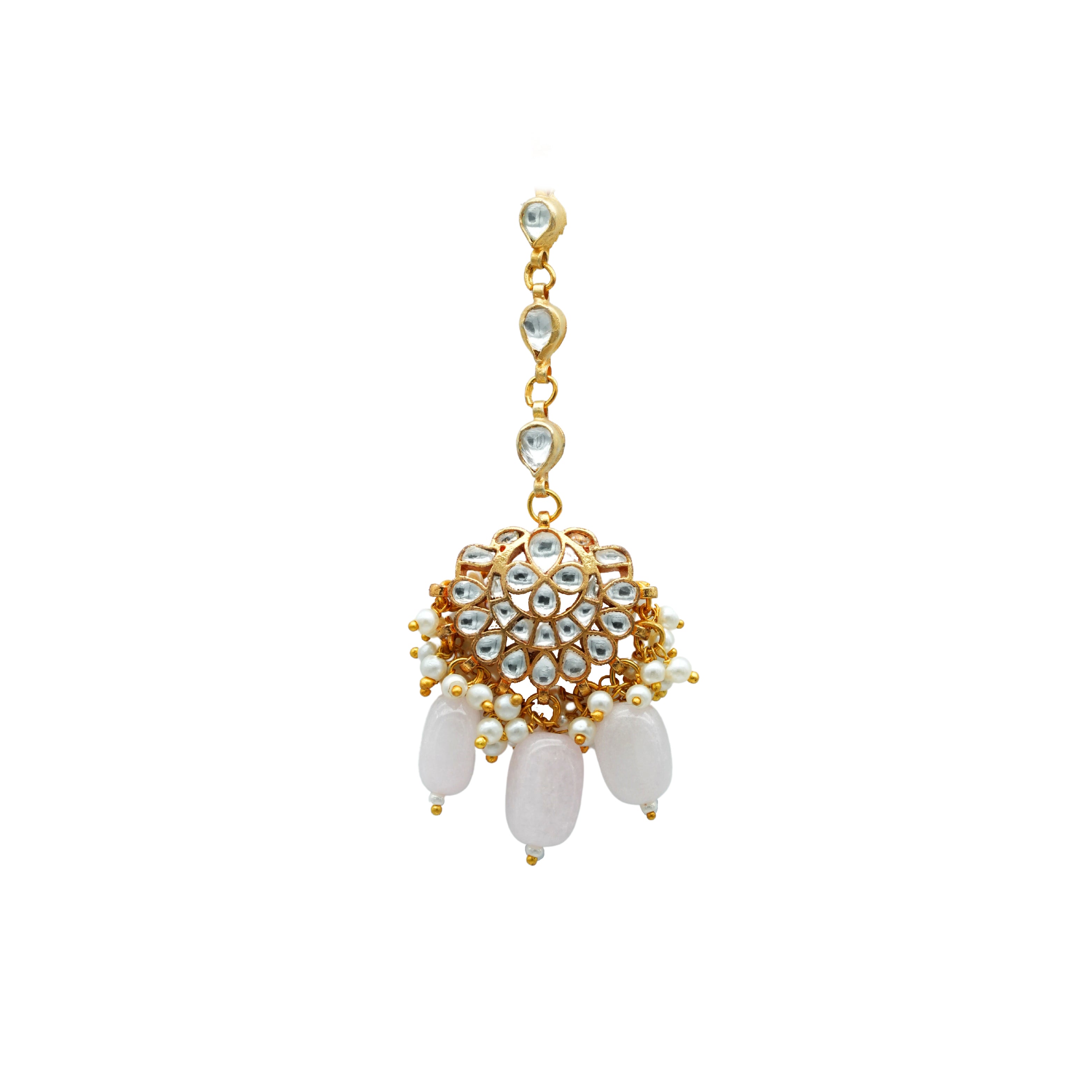 Small kundan tikka hemmed with white pearls and rose quartz