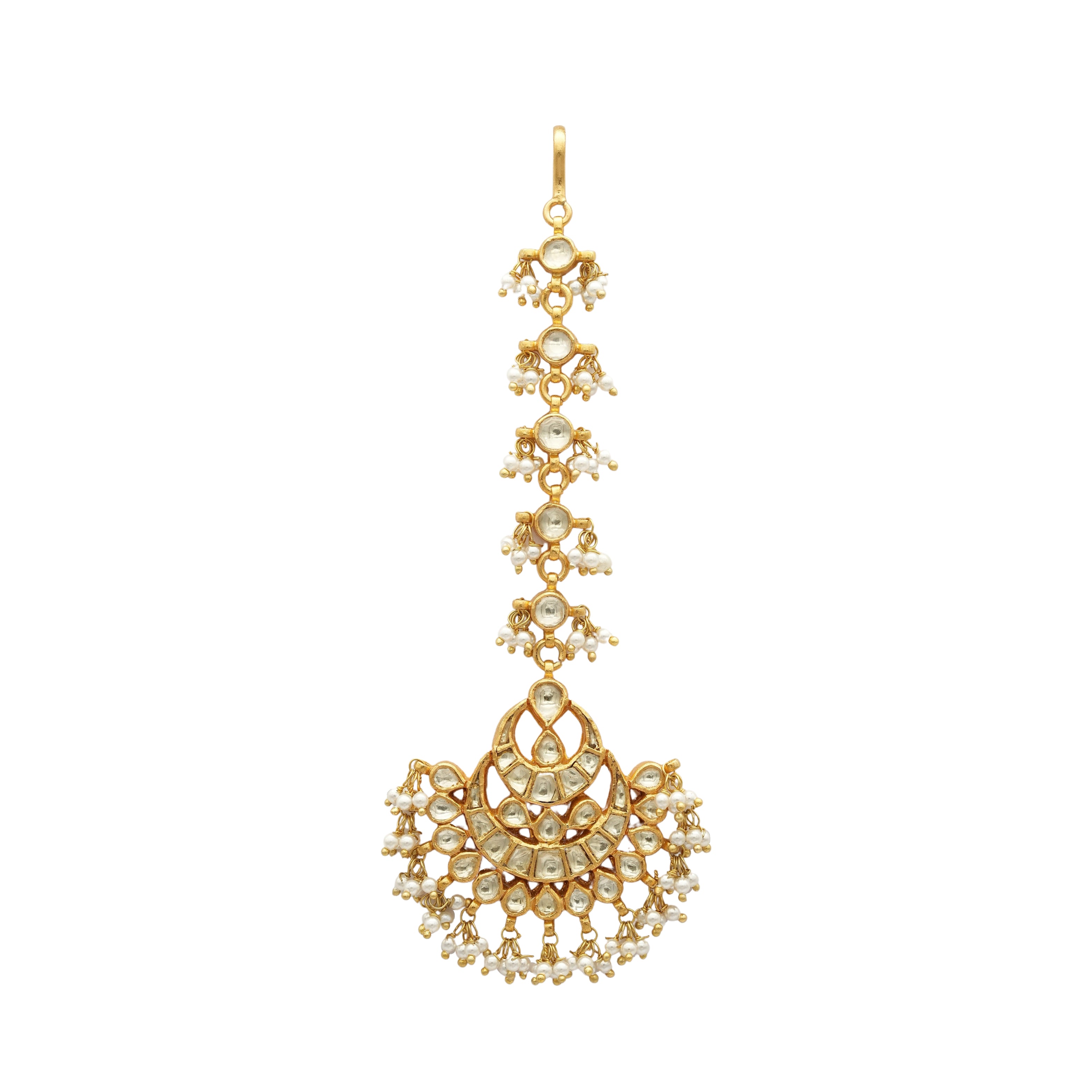 Gold plated silver stacked crescent moon Kundan tikka with white pearls and golden links