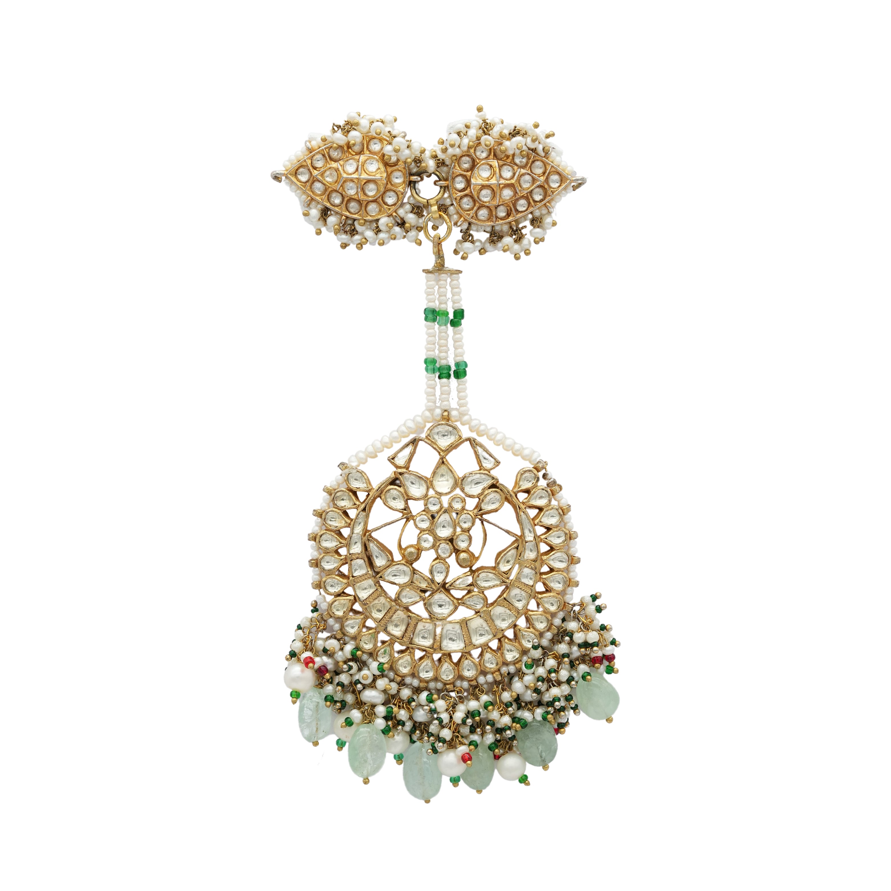 Gold plated silver abstract Kundan tikka with green and white beads